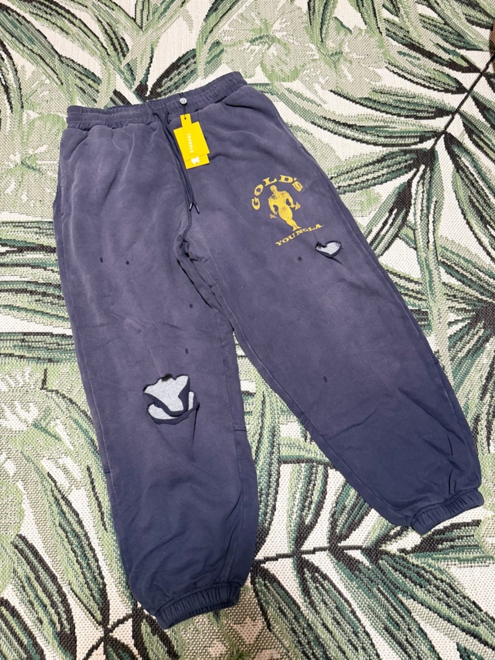 YoungLA Gold’s Iron Legacy Layered Joggers Navy Sweatpants with Yellow Large